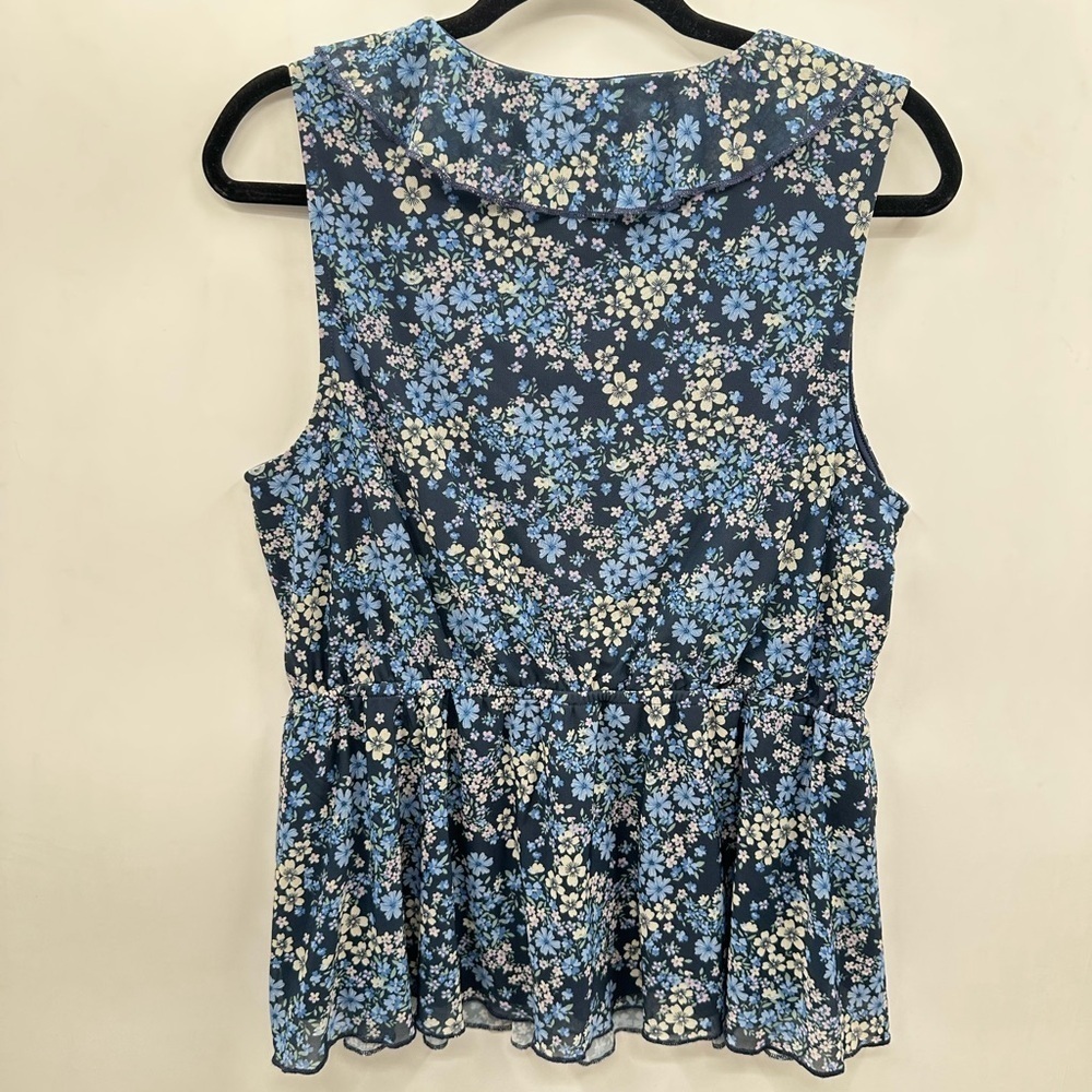 MORGAN TAYLOR blue floral ruffle neck woman cottagecore coastal grandma tank L - Picture 2 of 11